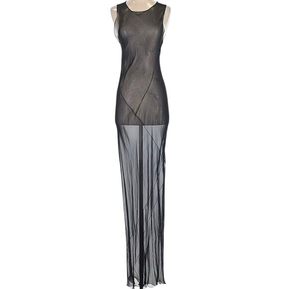 Vintage Sheer Silk Black Maxi Dress Bias Cut Medium Tank Gown Delicate Fairy - Picture 4 of 8